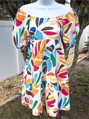 Multicolor Off-Shoulder Midi Dress with Puff Sleeves